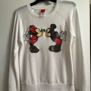 Disney Women's White Sweater with Mickey and Minnie Kiss Design